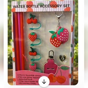 Strawberry & Cherry Waterbottle Accessory Set with Pink Keychain.